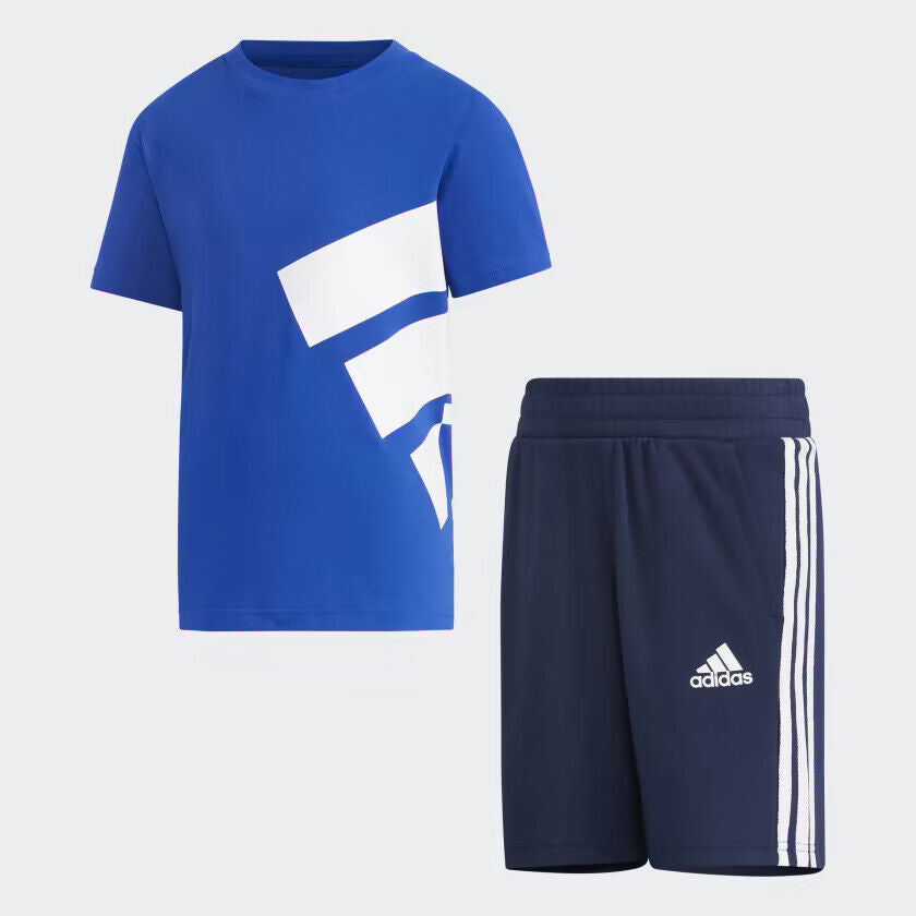 Adidas Boys T Shirt Shorts Set Cotton Two Piece 3 Stripes Junior Infant Blue