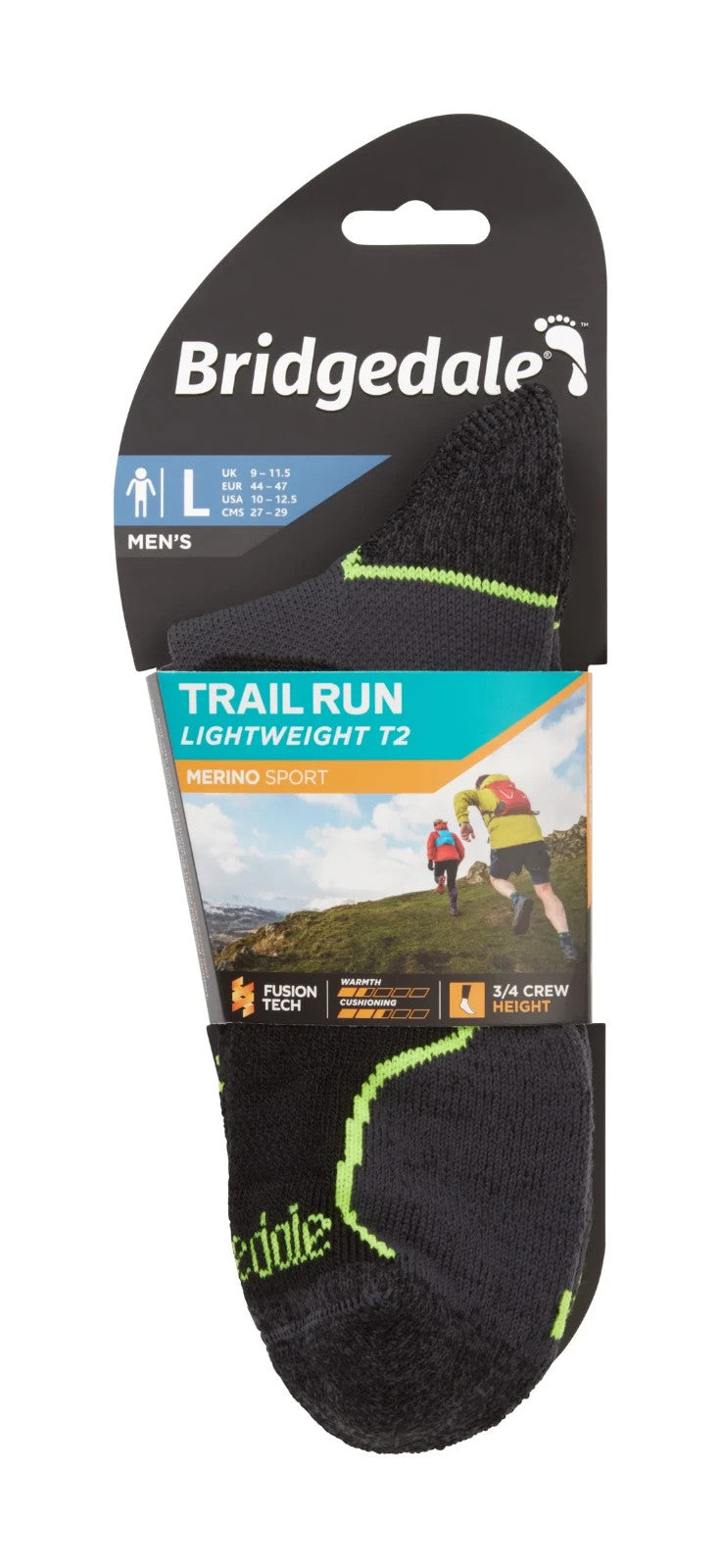 Bridgedale Mens Trail Run Lightweight T2 Merino Sport 3/4 Crew Socks Black