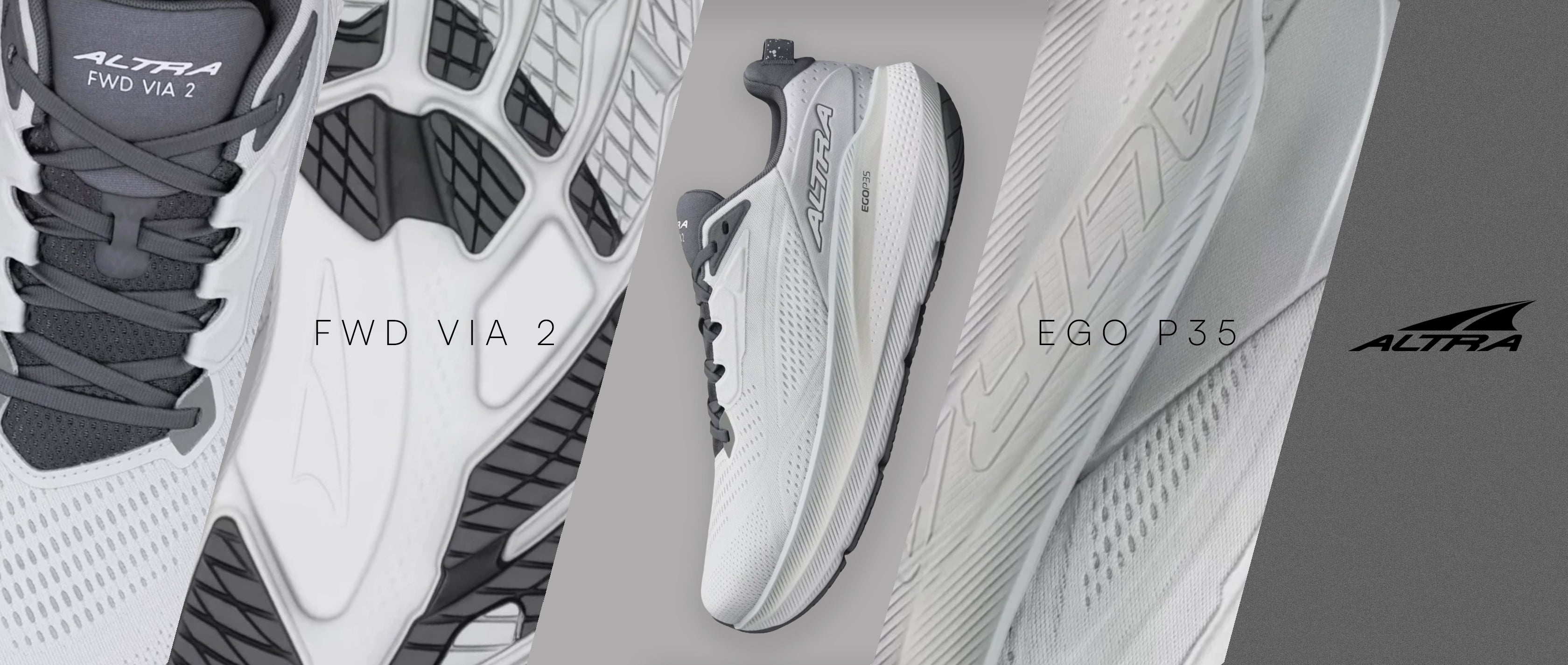 Three running shoes from different brands on a gray background