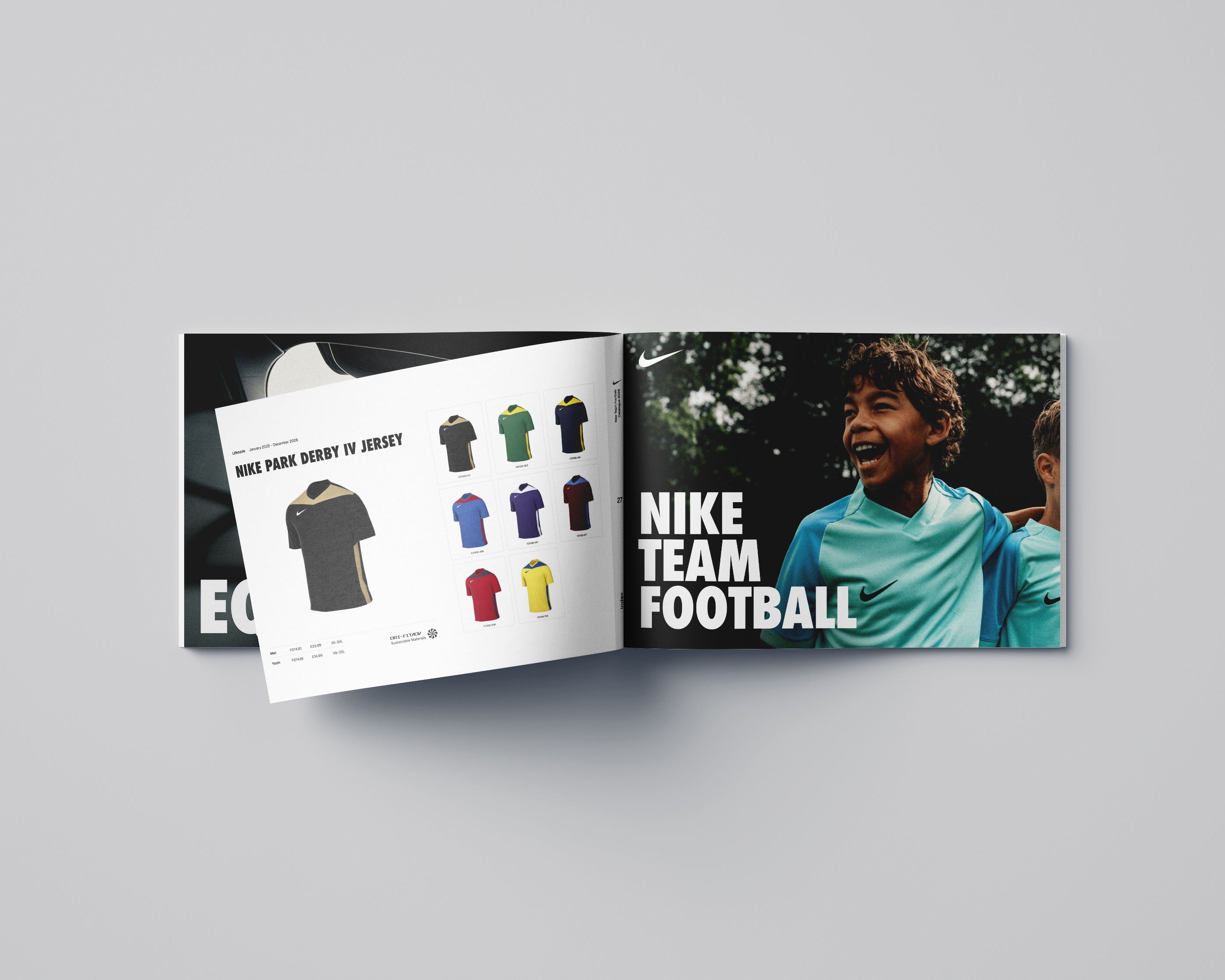 Open book showing Nike Team Football products with images of soccer jerseys and children wearing them.